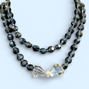 Heidi Daus Navy Blue Long Beaded Necklace with Gorgeous Clear Crystal Bow. NWOT